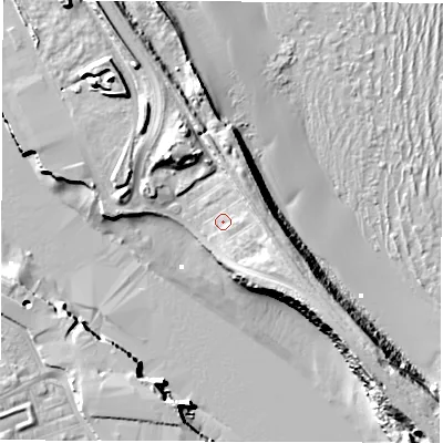 Shaded relief map of the ground around NE241SB, computed from Environment Agency LiDAR. The ground here sits at about 5 m above sea level and falls 16 m across the surrounding 800 m. Surface water reaching this point runs off ground lying to the east, 5.6 m higher.