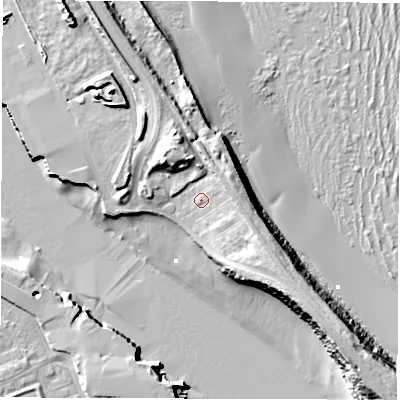 Shaded relief map of the ground around NE241SD, computed from Environment Agency LiDAR. The ground here sits at about 5 m above sea level and falls 16 m across the surrounding 800 m. Surface water reaching this point runs off ground lying to the east-north-east, 5.3 m higher.