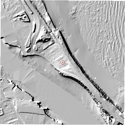 Shaded relief map of the ground around NE241SE, computed from Environment Agency LiDAR. The ground here sits at about 7 m above sea level and falls 16 m across the surrounding 800 m. Surface water reaching this point runs off ground lying to the east-north-east, 4.0 m higher.