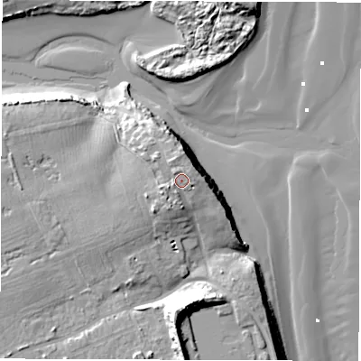 Shaded relief map of the ground around NE241SF, computed from Environment Agency LiDAR. The ground here sits at about 14 m above sea level and falls 21 m across the surrounding 800 m. Surface water reaching this point runs off ground lying to the north-north-east, 1.5 m higher.