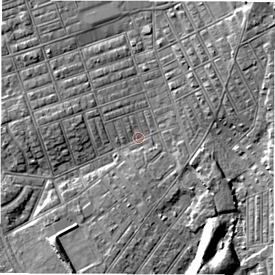 Shaded relief map of the ground around NE242EH, computed from Environment Agency LiDAR. The ground here sits at about 3 m above sea level and falls 6 m across the surrounding 800 m. Surface water reaching this point runs off ground lying to the south-south-east, 6.1 m higher.
