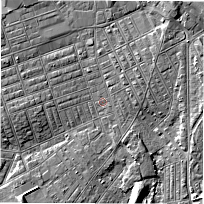 Shaded relief map of the ground around NE242EJ, computed from Environment Agency LiDAR. The ground here sits at about 3 m above sea level and falls 6 m across the surrounding 800 m. Surface water reaching this point runs off ground lying to the south-west, 5.4 m higher.