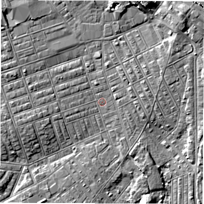 Shaded relief map of the ground around NE242EL, computed from Environment Agency LiDAR. The ground here sits at about 3 m above sea level and falls 10 m across the surrounding 800 m. Surface water reaching this point runs off ground lying to the south-south-west, 3.9 m higher.