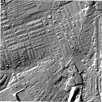 Shaded relief map of the ground around NE242EN, computed from Environment Agency LiDAR. The ground here sits at about 3 m above sea level and falls 6 m across the surrounding 800 m. Surface water reaching this point runs off ground lying to the south-west, 5.5 m higher.