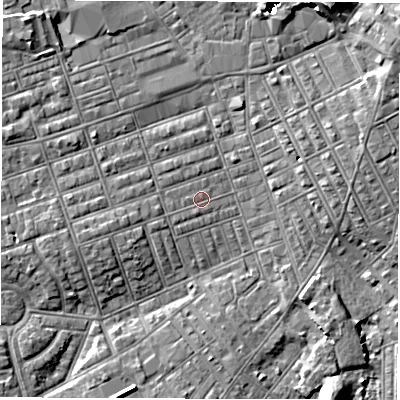 Shaded relief map of the ground around NE242ET, computed from Environment Agency LiDAR. The ground here sits at about 4 m above sea level and falls 8 m across the surrounding 800 m. Surface water reaching this point runs off ground lying to the west, 0.8 m higher.