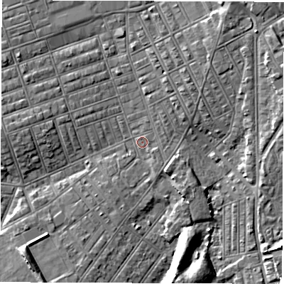 Shaded relief map of the ground around NE242EW, computed from Environment Agency LiDAR. The ground here sits at about 4 m above sea level and falls 6 m across the surrounding 800 m. Surface water reaching this point runs off ground lying to the south-south-west, 2.3 m higher.