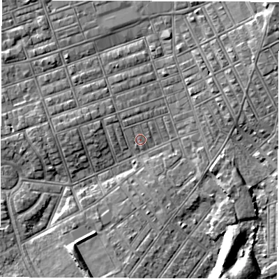 Shaded relief map of the ground around NE242HF, computed from Environment Agency LiDAR. The ground here sits at about 4 m above sea level and falls 6 m across the surrounding 800 m. Surface water reaching this point runs off ground lying to the north-west, 0.6 m higher.