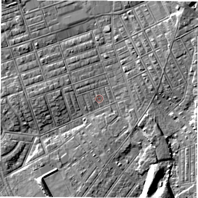 Shaded relief map of the ground around NE242HG, computed from Environment Agency LiDAR. The ground here sits at about 3 m above sea level and falls 6 m across the surrounding 800 m. Surface water reaching this point runs off ground lying to the south-south-west, 5.5 m higher.