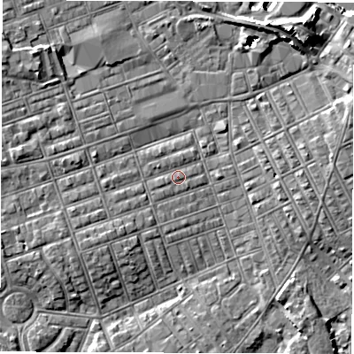 Shaded relief map of the ground around NE242JN, computed from Environment Agency LiDAR. The ground here sits at about 4 m above sea level and falls 14 m across the surrounding 800 m. Surface water reaching this point runs off ground lying to the west-south-west, 0.8 m higher.