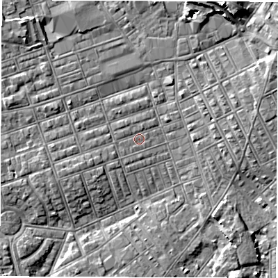 Shaded relief map of the ground around NE242LS, computed from Environment Agency LiDAR. The ground here sits at about 4 m above sea level and falls 9 m across the surrounding 800 m. Surface water reaching this point runs off ground lying to the south-west, 0.8 m higher.