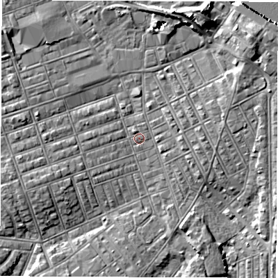 Shaded relief map of the ground around NE242LZ, computed from Environment Agency LiDAR. The ground here sits at about 3 m above sea level and falls 11 m across the surrounding 800 m. Surface water reaching this point runs off ground lying to the west-south-west, 3.2 m higher.