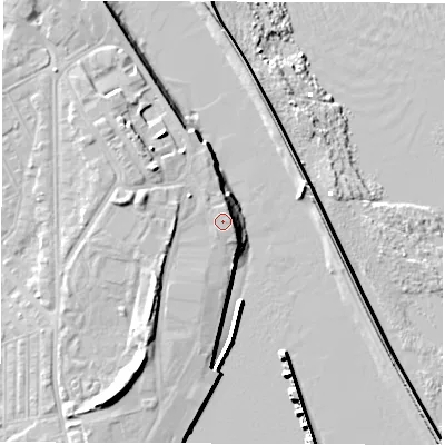 Shaded relief map of the ground around NE243PA, computed from Environment Agency LiDAR. The ground here sits at about 5 m above sea level and falls 12 m across the surrounding 800 m. The ground contributing surface water to this point lies to the south-west.