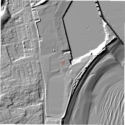 Shaded relief map of the ground around NE243PB, computed from Environment Agency LiDAR. The ground here sits at about 5 m above sea level and falls 12 m across the surrounding 800 m. Surface water reaching this point runs off ground lying to the south, 3.4 m higher.