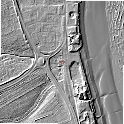 Shaded relief map of the ground around NE243PL, computed from Environment Agency LiDAR. The ground here sits at about 5 m above sea level and falls 16 m across the surrounding 800 m. Surface water reaching this point runs off ground lying to the south-south-east, 9.6 m higher.