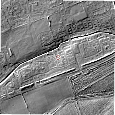 Shaded relief map of the ground around NE243RF, computed from Environment Agency LiDAR. The ground here sits at about 8 m above sea level and falls 9 m across the surrounding 800 m. Surface water reaching this point runs off ground lying to the south-south-east, 2.6 m higher.