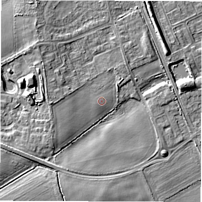 Shaded relief map of the ground around NE244EP, computed from Environment Agency LiDAR. The ground here sits at about 18 m above sea level and falls 9 m across the surrounding 800 m. The ground contributing surface water to this point lies to the west.