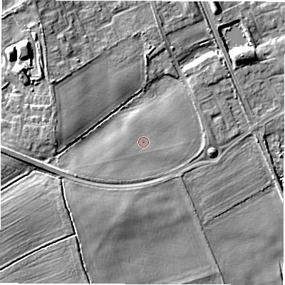 Shaded relief map of the ground around NE244ET, computed from Environment Agency LiDAR. The ground here sits at about 17 m above sea level and falls 9 m across the surrounding 800 m. Surface water reaching this point runs off ground lying to the west-south-west, 1.3 m higher.