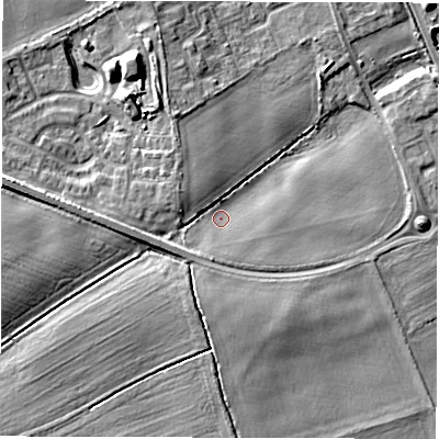 Shaded relief map of the ground around NE244EU, computed from Environment Agency LiDAR. The ground here sits at about 18 m above sea level and falls 10 m across the surrounding 800 m. Surface water reaching this point runs off ground lying to the west, 4.5 m higher.