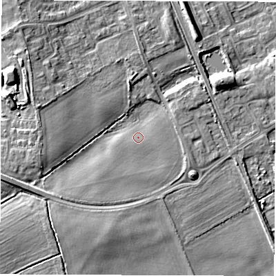 Shaded relief map of the ground around NE244FA, computed from Environment Agency LiDAR. The ground here sits at about 17 m above sea level and falls 10 m across the surrounding 800 m. Surface water reaching this point runs off ground lying to the south-west, 3.8 m higher.