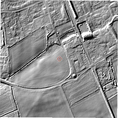 Shaded relief map of the ground around NE244FB, computed from Environment Agency LiDAR. The ground here sits at about 17 m above sea level and falls 9 m across the surrounding 800 m. Surface water reaching this point runs off ground lying to the south-west, 1.7 m higher.