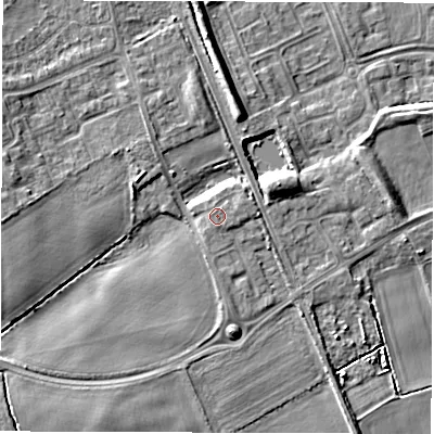 Shaded relief map of the ground around NE244GZ, computed from Environment Agency LiDAR. The ground here sits at about 18 m above sea level and falls 9 m across the surrounding 800 m. Surface water reaching this point runs off ground lying to the east, 0.8 m higher.