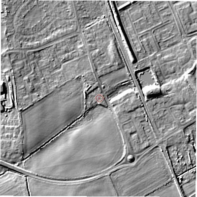 Shaded relief map of the ground around NE244HD, computed from Environment Agency LiDAR. The ground here sits at about 17 m above sea level and falls 10 m across the surrounding 800 m. Surface water reaching this point runs off ground lying to the west-south-west, 6.1 m higher.