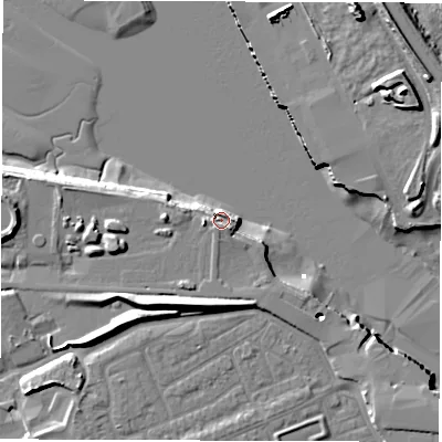 Shaded relief map of the ground around NE245SY, computed from Environment Agency LiDAR. The ground here sits at about 2 m above sea level and falls 14 m across the surrounding 800 m. Surface water reaching this point runs off ground lying to the south-south-west, 7.8 m higher.