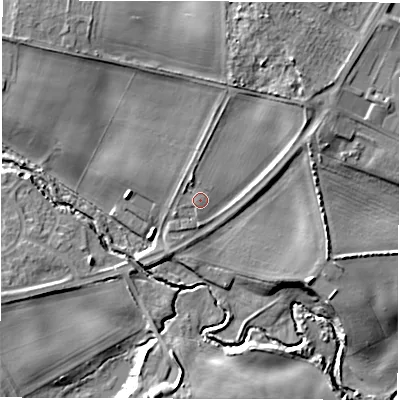 Shaded relief map of the ground around NE250DF, computed from Environment Agency LiDAR. The ground here sits at about 34 m above sea level and falls 16 m across the surrounding 800 m. Surface water reaching this point runs off ground lying to the north-north-west, 2.0 m higher.