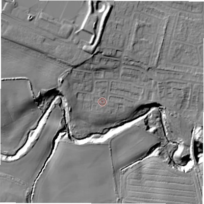 Shaded relief map of the ground around NE250JR, computed from Environment Agency LiDAR. The ground here sits at about 31 m above sea level and falls 22 m across the surrounding 800 m. Surface water reaching this point runs off ground lying to the north, 12.0 m higher.