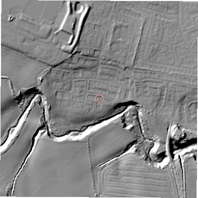 Shaded relief map of the ground around NE250JS, computed from Environment Agency LiDAR. The ground here sits at about 31 m above sea level and falls 22 m across the surrounding 800 m. Surface water reaching this point runs off ground lying to the north-north-west, 11.5 m higher.