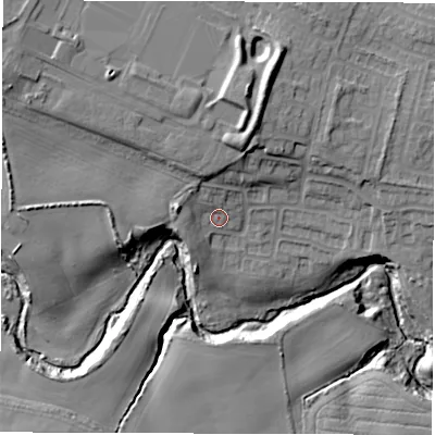 Shaded relief map of the ground around NE250JW, computed from Environment Agency LiDAR. The ground here sits at about 33 m above sea level and falls 21 m across the surrounding 800 m. Surface water reaching this point runs off ground lying to the west-north-west, 4.8 m higher.