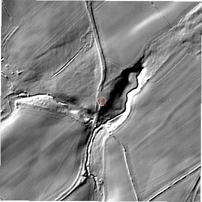 Shaded relief map of the ground around NE250SZ, computed from Environment Agency LiDAR. The ground here sits at about 35 m above sea level and falls 12 m across the surrounding 800 m. Surface water reaching this point runs off ground lying to the north-north-west, 1.0 m higher.