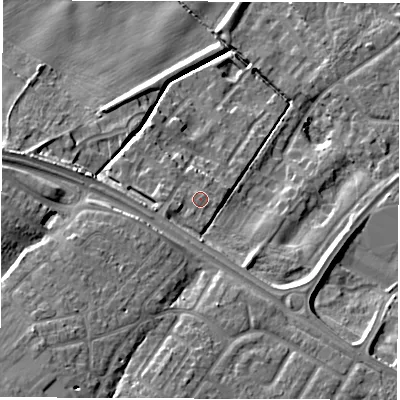 Shaded relief map of the ground around NE259GA, computed from Environment Agency LiDAR. The ground here sits at about 42 m above sea level and falls 18 m across the surrounding 800 m. Surface water reaching this point runs off ground lying to the south-south-west, 1.1 m higher.