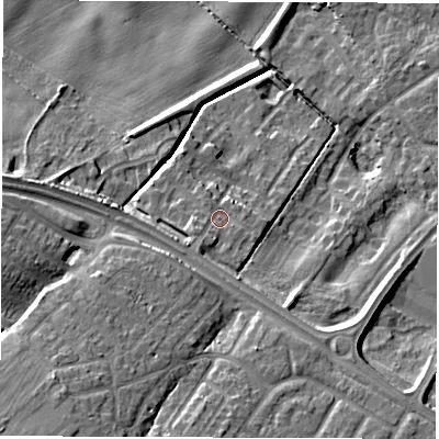 Shaded relief map of the ground around NE259GB, computed from Environment Agency LiDAR. The ground here sits at about 42 m above sea level and falls 18 m across the surrounding 800 m. Surface water reaching this point runs off ground lying to the south-west, 9.1 m higher.