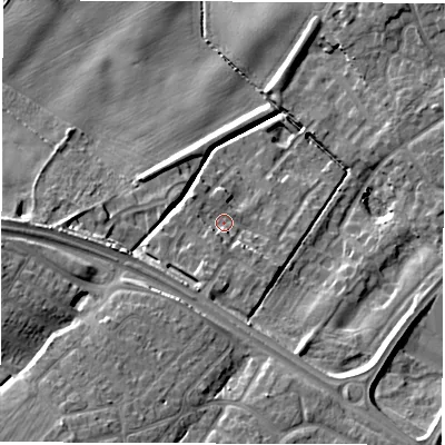 Shaded relief map of the ground around NE259GE, computed from Environment Agency LiDAR. The ground here sits at about 39 m above sea level and falls 19 m across the surrounding 800 m. Surface water reaching this point runs off ground lying to the south-west, 4.8 m higher.
