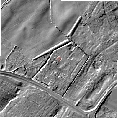 Shaded relief map of the ground around NE259GG, computed from Environment Agency LiDAR. The ground here sits at about 38 m above sea level and falls 18 m across the surrounding 800 m. Surface water reaching this point runs off ground lying to the south-west, 2.9 m higher.