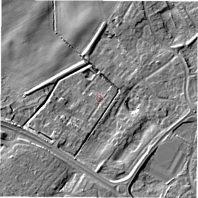 Shaded relief map of the ground around NE259GH, computed from Environment Agency LiDAR. The ground here sits at about 37 m above sea level and falls 18 m across the surrounding 800 m. Surface water reaching this point runs off ground lying to the south-south-west, 5.2 m higher.