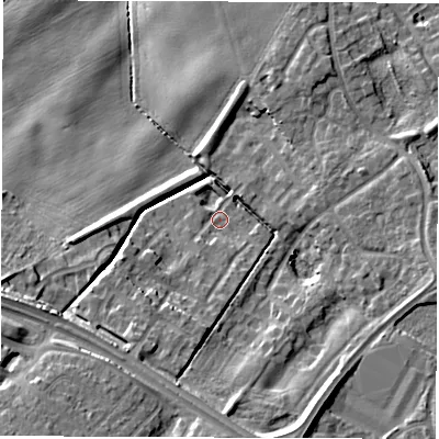 Shaded relief map of the ground around NE259GL, computed from Environment Agency LiDAR. The ground here sits at about 36 m above sea level and falls 18 m across the surrounding 800 m. Surface water reaching this point runs off ground lying to the south-west, 14.4 m higher.