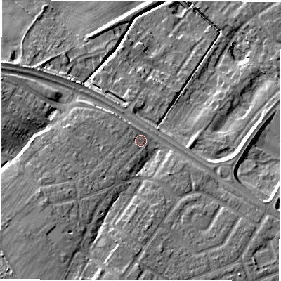 Shaded relief map of the ground around NE259HD, computed from Environment Agency LiDAR. The ground here sits at about 45 m above sea level and falls 18 m across the surrounding 800 m. Surface water reaching this point runs off ground lying to the south-west, 7.5 m higher.