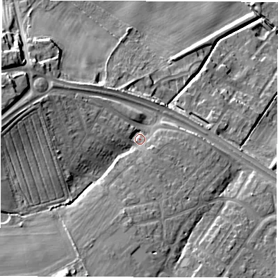 Shaded relief map of the ground around NE259HE, computed from Environment Agency LiDAR. The ground here sits at about 45 m above sea level and falls 25 m across the surrounding 800 m. Surface water reaching this point runs off ground lying to the west-north-west, 9.3 m higher.