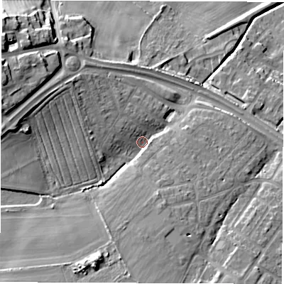 Shaded relief map of the ground around NE259HP, computed from Environment Agency LiDAR. The ground here sits at about 46 m above sea level and falls 27 m across the surrounding 800 m. Surface water reaching this point runs off ground lying to the west-north-west, 9.0 m higher.