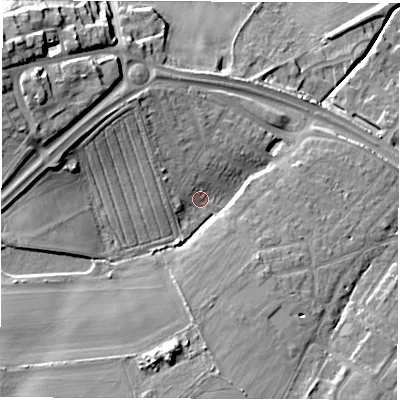 Shaded relief map of the ground around NE259HR, computed from Environment Agency LiDAR. The ground here sits at about 47 m above sea level and falls 27 m across the surrounding 800 m. Surface water reaching this point runs off ground lying to the north-west, 4.4 m higher.