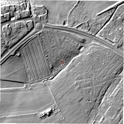 Shaded relief map of the ground around NE259JF, computed from Environment Agency LiDAR. The ground here sits at about 47 m above sea level and falls 28 m across the surrounding 800 m. Surface water reaching this point runs off ground lying to the west-north-west, 4.4 m higher.