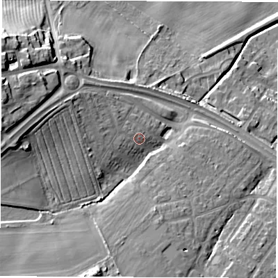 Shaded relief map of the ground around NE259JG, computed from Environment Agency LiDAR. The ground here sits at about 48 m above sea level and falls 27 m across the surrounding 800 m. Surface water reaching this point runs off ground lying to the west-north-west, 5.4 m higher.