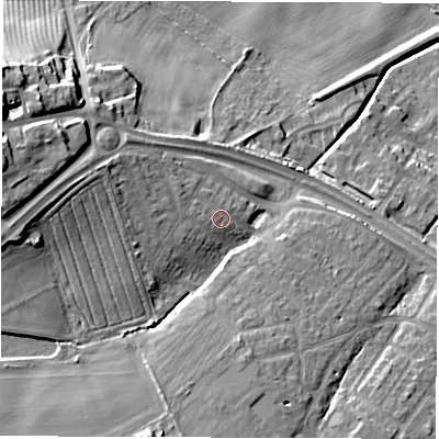 Shaded relief map of the ground around NE259JH, computed from Environment Agency LiDAR. The ground here sits at about 48 m above sea level and falls 28 m across the surrounding 800 m. Surface water reaching this point runs off ground lying to the west-north-west, 4.5 m higher.