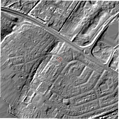 Shaded relief map of the ground around NE259QD, computed from Environment Agency LiDAR. The ground here sits at about 46 m above sea level and falls 18 m across the surrounding 800 m. Surface water reaching this point runs off ground lying to the south, 1.2 m higher.