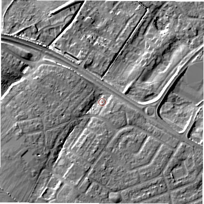 Shaded relief map of the ground around NE259QE, computed from Environment Agency LiDAR. The ground here sits at about 44 m above sea level and falls 17 m across the surrounding 800 m. Surface water reaching this point runs off ground lying to the south-east, 3.1 m higher.