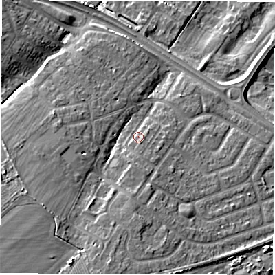 Shaded relief map of the ground around NE259QG, computed from Environment Agency LiDAR. The ground here sits at about 48 m above sea level and falls 17 m across the surrounding 800 m. Surface water reaching this point runs off ground lying to the south, 2.1 m higher.