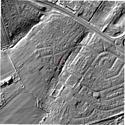 Shaded relief map of the ground around NE259QL, computed from Environment Agency LiDAR. The ground here sits at about 48 m above sea level and falls 17 m across the surrounding 800 m. Surface water reaching this point runs off ground lying to the south-west, 7.9 m higher.