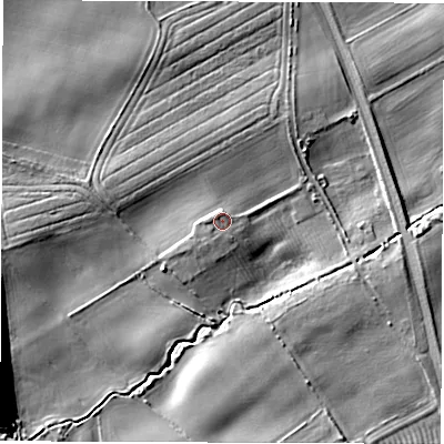 Shaded relief map of the ground around NE259TQ, computed from Environment Agency LiDAR. The ground here sits at about 39 m above sea level and falls 20 m across the surrounding 800 m. Surface water reaching this point runs off ground lying to the south-west, 2.3 m higher.
